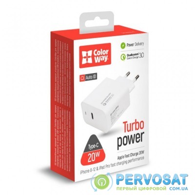 Зарядное устройство Colorway Power Delivery Port USB Type-C (20W) white (CW-CHS023PD-WT)
