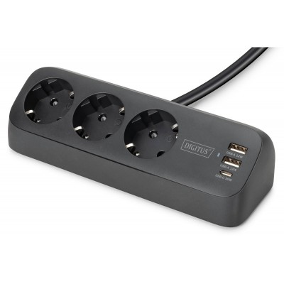 Блок розеток DIGITUS Office, 3xSchuko, 2xUSB-A, 1xUSB-C, 16A, 1.5м, вилка Schuko, чорний