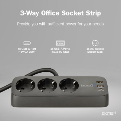 Блок розеток DIGITUS Office, 3xSchuko, 2xUSB-A, 1xUSB-C, 16A, 1.5м, вилка Schuko, чорний Блок розеток DIGITUS Office, 3xSchuko, 2xUSB-A, 1xUSB-C, 16A, 1.5м, вилка Schuko, чорний
