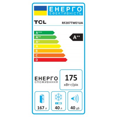 Холодильник TCL з верхн. мороз., 144x55х54.5, холод.відд.-197л, мороз.відд.-40л, 2дв., A++, ST, білий