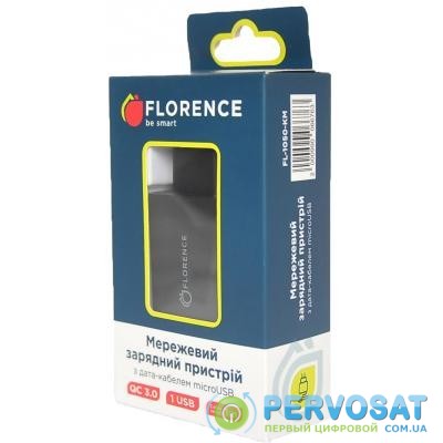 Зарядное устройство Florence 1USB QC 3.0 + microUSB cable Black (FL-1050-KM)