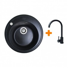 Набір кухонна Adamant Sun, штучний камінь, кругла, без крила, 510x200мм, чаша - 1, врізна, чорний + змішувач Набір кухонна Adamant Sun, штучний камінь, кругла, без крила, 510x200мм, чаша - 1, врізна, чорний + змішувач