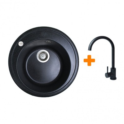 Набір кухонна Adamant Sun, штучний камінь, кругла, без крила, 510x200мм, чаша - 1, врізна, чорний + змішувач