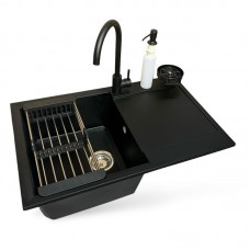 Набір кухонний Adamant Horizon, штучний камінь, прямокут., з крилом, 780х495х230мм, чаша - 1, врізна, антрацит + змішувач + дозатор + ополіскувач склянок + коландер
