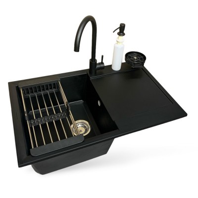 Набір кухонний Adamant Horizon, штучний камінь, прямокут., з крилом, 780х495х230мм, чаша - 1, врізна, антрацит + змішувач + дозатор + ополіскувач склянок + коландер