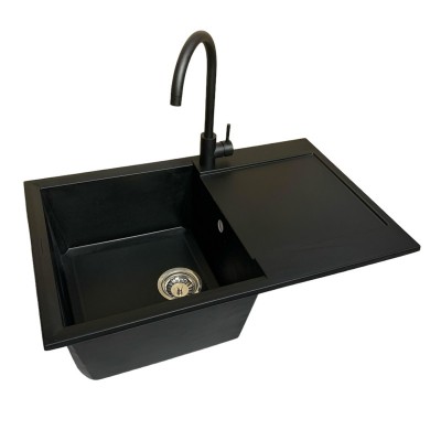 Набір кухонний Adamant Horizon, штучний камінь, прямокут., з крилом, 780х495х230мм, чаша - 1, врізна, антрацит + змішувач + дозатор + ополіскувач склянок + коландер
