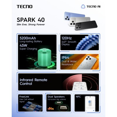 Смартфон TECNO Spark 40 (KM5n) 6.67" 8/256ГБ, 2SIM, 5200мА•год, Veil White