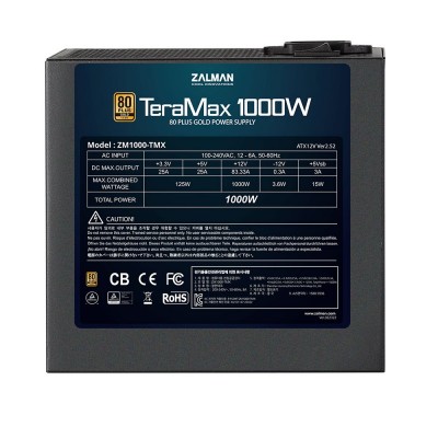 Блок живлення Zalman TERAMAX (1000W) >90%, 80+ Gold, 120mm, 1xMB 24pin(20+4)+10pin, 2xCPU 8pin(4+4), 3xMolex, 12xSATA, 6xPCIe 8pin(6+2), Fully Modular