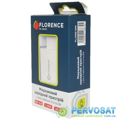 Зарядное устройство Florence 1USB QC 3.0 + microUSB cable White (FL-1050-WM)